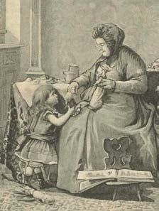 Großmutter reicht Enkelin Puppe als Grafik